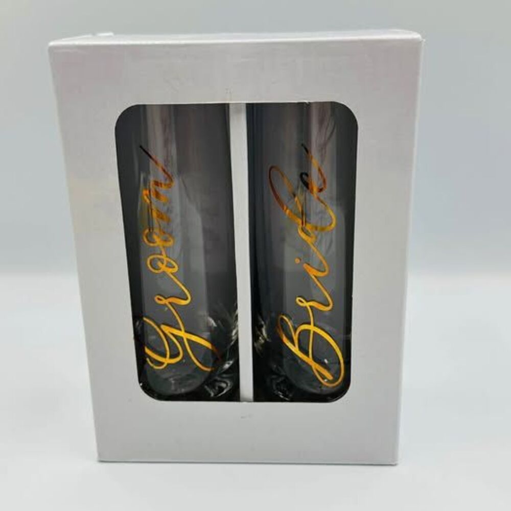 New in Box Bride and Groom Stemless Champagne Glasses Gold Lettering